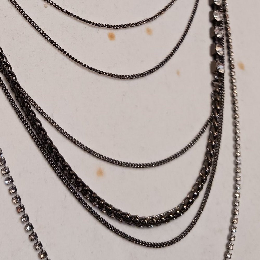Hand Crafted Gun Metal Chain and Rhinestone Multi Layer Necklace - Picture 7 of 11
